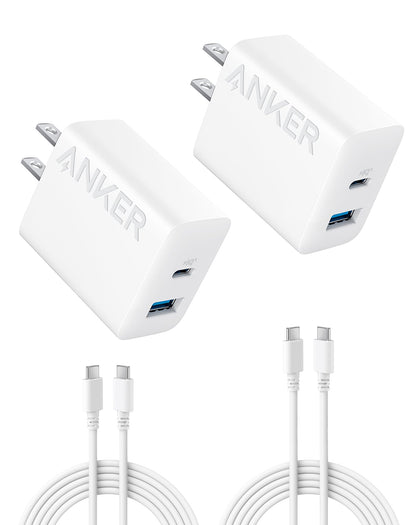 Anker 20W Dual Port USB-C Wall Charger, Fast Charging for iPhone 15/15 Pro/iPad Pro/AirPods - 2-Pack 5 ft USB-C Cables Included