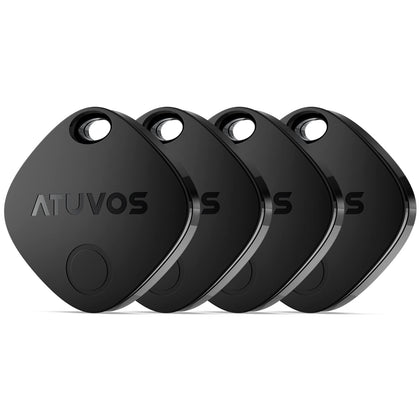 ATUVOS Key Finder, Bluetooth Tracker Works with Apple Find My (iOS only), IP67 Waterproof, Replaceable Battery,Privacy Protection, Lost Mode,Item Locator for Bags, and More 4 Pack Black