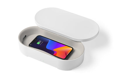 Lexon Oblio Box - White UV Sanitizer Box - Qi-Compatible UV-C Light Sanitizer with 10W Wireless Charger - Can be Used for Watches, Jewelry, & Glasses