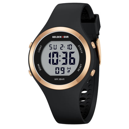 GOLDEN HOUR Waterproof Sport Women's Digital Chronograph Silicone Strap Watch in Black