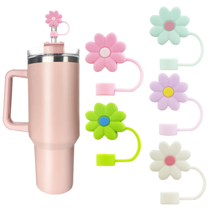 5 PCS Silicone Straw Covers Cap Compatible with Stanley 30&40 Oz Cup, 10mm Cute Flower Straw Toppers for Tumblers, Dust-Proof Drinking Straw Caps for Reusable Straws Tips Lids