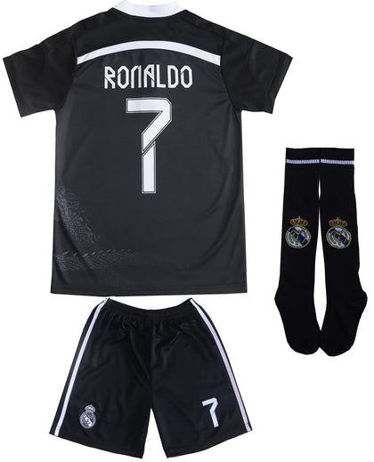 LeenBD Ronaldo No #7 Madrid Black Dragoon Special Edition Kids Soccer Jersey Kit Shorts Socks Set Youth Sizes (Black.,26. (8-9 Years))