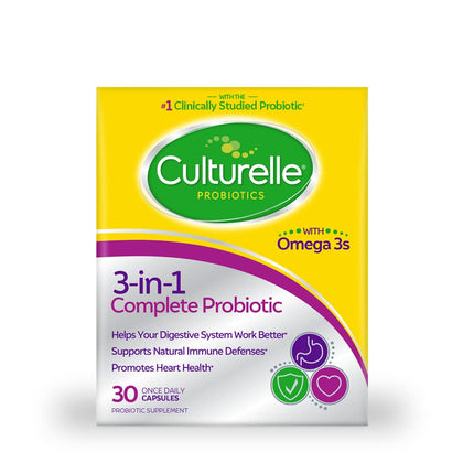 Culturelle 3-in-1 Complete Probiotic Daily Formula, Once Per Day Probiotic Supplement, Helps Your Digestive System Work Better, Supports Natural Immune Defenses, Plus Omega 3's, Non-GMO, 30 Count