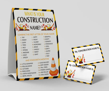 shupai What's Your Construction Name Game, 1 Construction Theme Sign and 50 Name Tag Stickers, Birthday Game for Kids and Adult Parties, Activity Game for Office or Class | F023