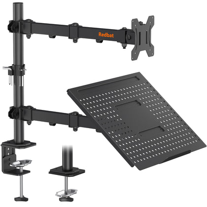 Redbat Monitor and Laptop Stand for 13-32 inch LCD LED Screens, Adjustable Monitor Mount with Laptop Tray Up to 16 inch Laptop/Notebook, Laptop Arm with VESA 75/100mm, 2 Mounting Options