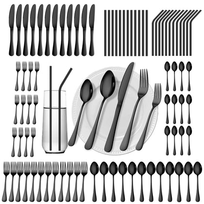 Gutuwellea 84 Pieces Black Silverware Set Service for 12 Flatware Set with Straws Stainless Steel Utensils Cutlery Set Dishwasher Safe