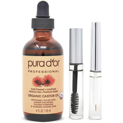 PURA D'OR Organic Castor Oil with 2 Bonus Brushes - 100% Pure Cold Pressed Hexane Free Serum for Lashes, Brows & Skin
