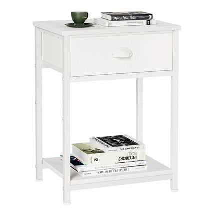 Furologee White Nightstand with Fabric Drawer, Small Side Table for Small Spaces, 2 Tiers Storage Shelves End Table, Night Stand, Tall 23.6