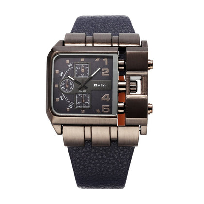 OULM 3364 Brand Original Rectangle Unique Design Men Wristwatch Wide Dial Leather Strap Quartz Watch + in Stock (Blue)