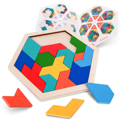 Vanmor Wooden Hexagon Tangram Puzzle for Kids Adults - Geometric Shape Pattern Blocks Brain Teaser Puzzles with 60 Solution, Fun Challenging Logic Mind Puzzles Travel Games for Overall Ages Road Trip