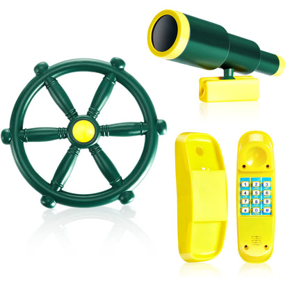 3 Pcs Playground Accessories for Kids Outdoor Swing Set Accessories Playground Equipment Pirate Plastic Ship Wheel Toy Telescope Telephone Backyard Outdoor Playhouse Climbing Equipment(Yellow, Green)