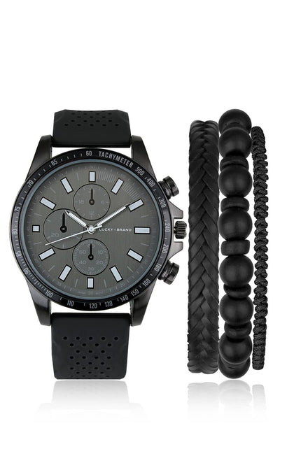 Lucky Brand Mens Watches Perforated Silicon Band Stainless Steel Japan Movement Sport Men's Wrist Watches Decorative Sub Dials Bracelet Gift Box Set