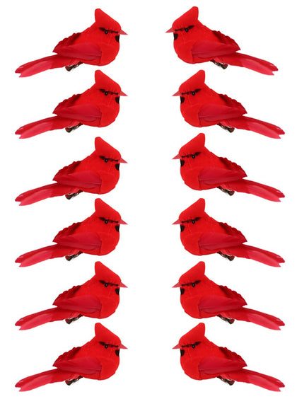 KLEWEE 12 Pcs Cardinal Birds for Crafts, Mini Cardinal Clip On Christmas Tree Ornaments Artificial Red Birds Decorations for Wreaths Centerpieces DIY Crafts, Red Velvet & Feathers