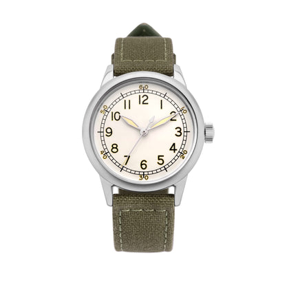 PRAESIDUS A-11 Spec 2 White Patina Canvas Men's 40 mm Military Ameriquartz Watch in White Dial and Green Canvas Strap