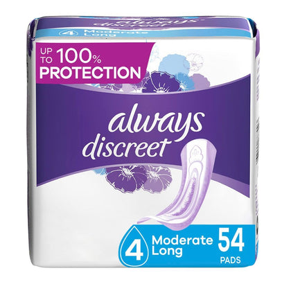 Always Discreet Adult Moderate Long Incontinence Pads, Up to 100% Leak-Free Protection, 54 Count (Packaging May Vary)
