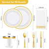 Goodluck 350 Piece Gold Dinnerware Set for 50 Guests, Plastic Plates Disposable for Party, Include: 50 Gold Rim Dinner Plates, 50 Dessert Plates, 50 Paper Napkins, 50 Cups, 50 Gold Silverware Set