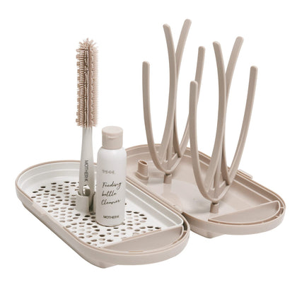 MOTHER-K Travel Baby Bottle Drying Rack Set, Including Bottle Brush and Travel Bottle, for Working Mom or Camping with Baby (Cream Mocha)