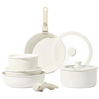 CAROTE 11pcs Pots and Pans Set, Nonstick Cookware Detachable/Removable Handle, Induction RV Kitchen Set, Oven Safe, Cream White