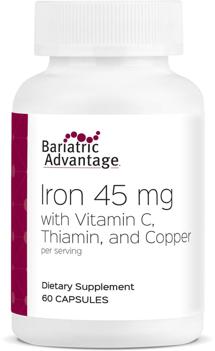 Bariatric Advantage Iron 45 mg with Vitamin C, Thiamin and Copper for Increased Absorption and Utilization, Easily Digestible for Gastric Bypass and Sleeve Gastrectomy Surgery Patients - 60 Count