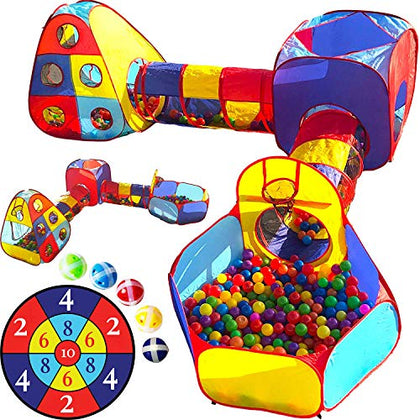 Playz 5pc Kids Play Tent Jungle Gym, Ball Pit, Pop Up Tents & Play Tunnel for Toddlers, Babies, and Kids Indoor & Outdoor Playhouse Bundle with Dartboard and 5 Sticky Balls, Gift for Boys & Girls