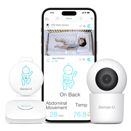 Sense-U Smart Baby Monitor 3 Long Range+2K PTZ Camera - Tracks Abdominal Movement, Rollover, Temp, 2K Video, Audio, Motion, with Realtime Alert, Pan-Tilt-Zoom, Night Vision