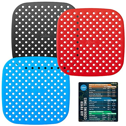 LOTTELI KITCHEN Reusable Silicone Air Fryer Liners 3 Pack with Air Fryer Magnetic Cheat Sheet, Easy Clean Air Fryer Accessories, Non Stick, AirFryer Accessory Parchment Paper Replacement - 7.5