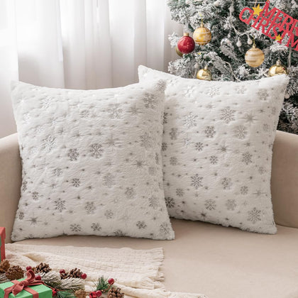 MIULEE Set of 2 Christmas Decorative Throw Pillow Covers, Soft Faux Fur Pillow Cases Covers with Silver Snowflake Glitter Printed Winter Pillowcases for Couch Sofa Bed Girls Room, 18 X 18 Inch, Ivory