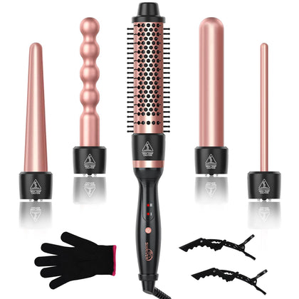 Curling Iron Wand Set, Sixriver 5 in 1 Hair Crimper with Curling Brush&4 Interchangeable Ceramic Curling Wand(0.4-1.25), Fast Heating Hair Wand Curler,1H Auto Shut-Off,Heat Protective Glove&2 Clips