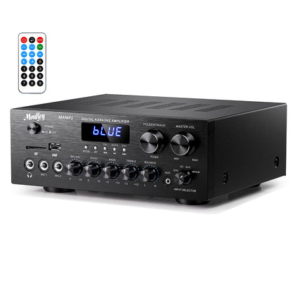 Moukey Home Audio Amplifier Stereo Receivers with Bluetooth 5.0, 220W 2.0 Channel Power Amplifier Stereo System w/USB, SD, AUX, RCA, MIC in w/Echo, LED for Karaoke, Home Theater Speakers - MAMP1