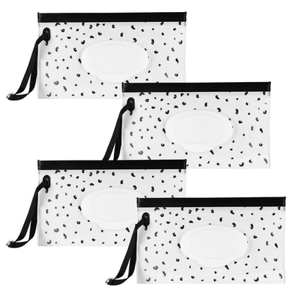 XhjzgcTech 4 Pcs Portable Wipe Pouch, Wipe Dispenser Pouch,Refillable Wipe Holder, Wipes Container, Reusable Wet Wipes Bags Pouch, Wet Wipe Pouch for Travel - Black Dots