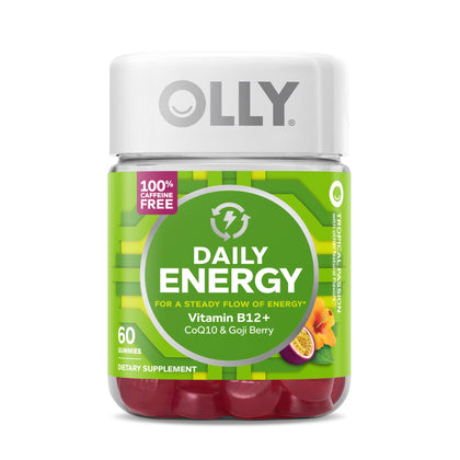 OLLY Daily Energy Gummy, Caffeine Free, Vitamin B12, CoQ10, Goji Berry, Adult Chewable Supplement, Tropical Flavor - 60 Count