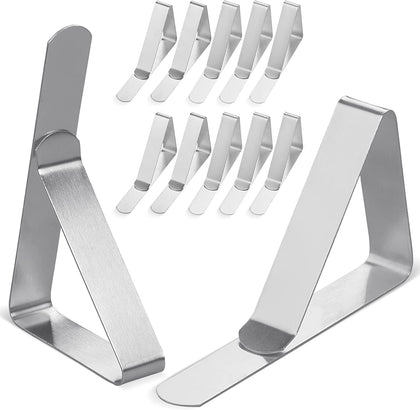 Clipra Tablecloth Clips [USA Based Brand] - 12 Pack Stainless Steel, Rust Proof Table Clips for Home, Restaurants, Picnic, Party, Dining Tables - Fits Up to 1.8 Inch Thick Tables