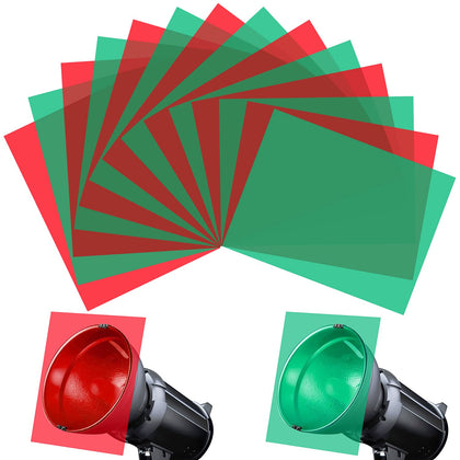 Gel Light Filter - 14 Pieces Colored Overlays Correction Lighting Filters, Transparent Color Film Plastic Sheets for Christmas Landscape Led Light or Reading, Red and Green, 11.7 x 8.5 Inches