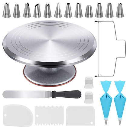 Kootek Aluminium Cake Decorating Turntable, 12 Inch Rotating Cake Stand, 22pcs Baking Supplies Tools with Icing Spatula, Cake Leveler, 3 Icing Smoother, 12 Icing Piping Tips, 2 Pastry Bag