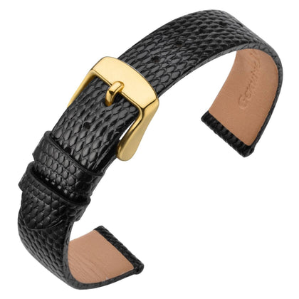 ANNEFIT Women's Leather Watch Band 10mm with Gold Buckle, Lizard Grain Slim Thin Replacement Strap (Black)