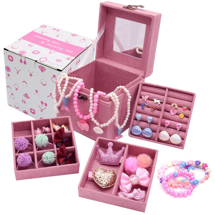 ShaqMars Little Girl Kids 3 Layer Lint Jewelry Box with Mirror and 35 Pieces Girl Princess Jewelry Dress Up Accessories Toy Playset Set