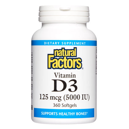 Natural Factors, Vitamin D3 5000 IU (125 mcg), Supports Strong Bones, Muscles and Immune Function, 360 Softgels