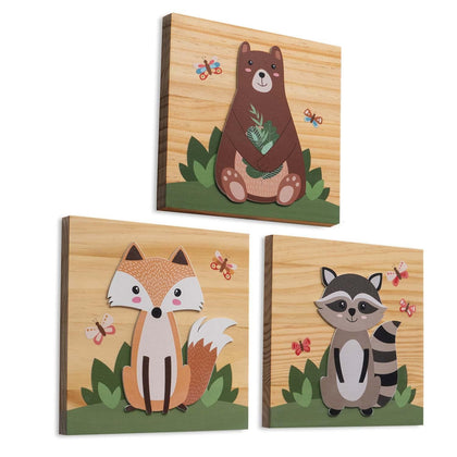 ArtiRooms Natural Wood 3-D Wall Art Woodland Nursery Decor for Boys and Girls with Forest Animals Pictures Bear Racoon and Fox, Woodland Wall Decor for Nursery or Kids Bedroom, Baby Room Decor Gift