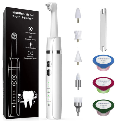 Tooth Polisher,Teeth Polishing Kit for Daily Cleaning,Polishing Then Whitening of Tooth (Professional Toothpaste Include),USB Rechargeable Dental Polisher with LED Light,6 Heads,5 Speed Modes