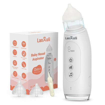 LANMULI Electric Nasal Aspirator for Baby, Automatic Toddler Nose Sucker, Infant Snot Cleaner with Adjustable Suction Level, Music and Light Soothing Function (White)