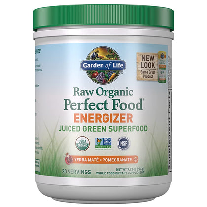 Garden of Life Raw Organic Perfect Food Energizer Juiced Green Superfood Powder - Yerba Mate Pomegranate, 30 Servings, Green Superfood Powder & Probiotics, Gluten Free Whole Food Greens Supplements