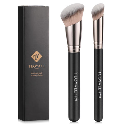 TEOYALL Foundation Contour Brush Set, 2PCS Angled Synthetic Kabuki Brush for Blending Setting Concealing Buffing with Liquid, Cream and Powder Cosmetic (170S/270S)