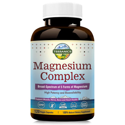 Terranics Magnesium Complex 500mg, 120 Veg Capsules, 55mg of Elemental Magnesium per Capsule, Better Absorption, Sleep, Muscle, Heart Health, Vegan, Non-GMO