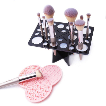 Makeup Brush Cleaning Mat & Makeup Brush Drying Rack, Diolan 28 Holes Makeup Brush Holder, Silicone Rubber Clover Shaped Mat Cleaner - Black & Pink