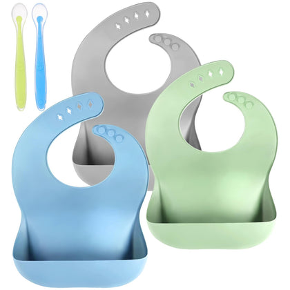 Silicone Baby Bibs Baby Feeding Set 3 Pcs & 2 Pcs Baby Spoons Silicone Bibs for Baby Girl Boy Adjustable Baby Essentials Newborn Toddler Utensils Food Grade Feeding Bibs Baby Stuff Spoon Baby Gifts
