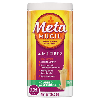 Metamucil, Daily Psyllium Husk Powder Supplement, Sugar-Free Powder, 4-in-1 Fiber for Digestive Health, No Added Sweetener, 114 teaspoons