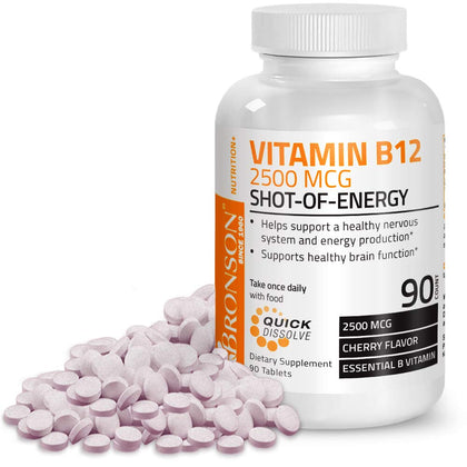 Vitamin B12 2500mcg Shot of Energy Fast Dissolve Chewable Tablets - Quick Release Cherry Flavored Sublingual B12 Vitamin - Supports Nervous System, Healthy Brain Function Energy Production - 90 Count
