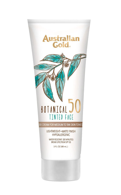 Australian Gold Botanical SPF 50 Tinted Mineral Sunscreen for Face, Non-Chemical BB Cream, Water-Resistant, Matte Finish, For Sensitive Facial Skin, Medium to Tan Skin Tones, 3 FL Oz