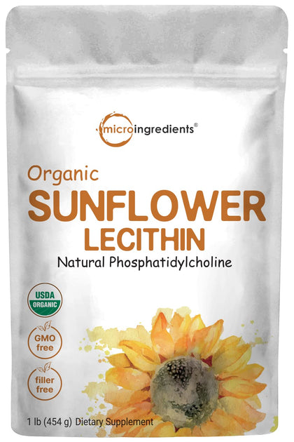 Sustainably US Grown, Organic Sunflower Lecithin Powder, 1 Pound, Sustainable Farmed, Cold Pressed, Rich in Phosphatidyl Choline and Protein, Making Liposomal Vitamin C, Lactation Supplement, Non-GMO