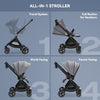 Reversible Baby Stroller, ELITTLE EMU Full-Size Toddler Stroller, Full Recline Cockpit Compact Stroller, 0-36 Months Newborn Infant Stroller, All-Terrain Stroller for City, Outdoor, Travel (Gray)